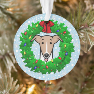 Christmas Wreath & Lights Whippet - Fawn & white Ornament
