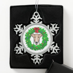 Christmas Wreath & Lights Whippet - Fawn & white Snowflake Pewter Christmas Ornament