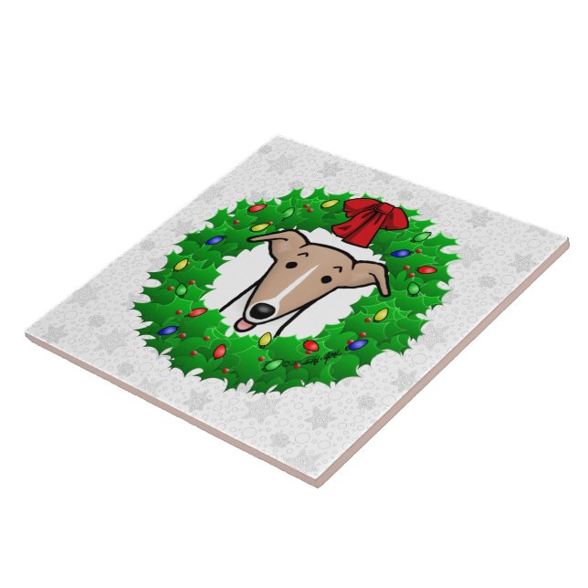 Christmas Wreath & Lights Whippet - Fawn & white Tile (Side)