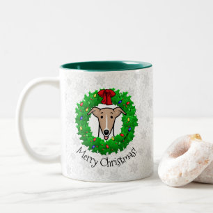Christmas Wreath & Lights Whippet - Fawn & white Two-Tone Coffee Mug