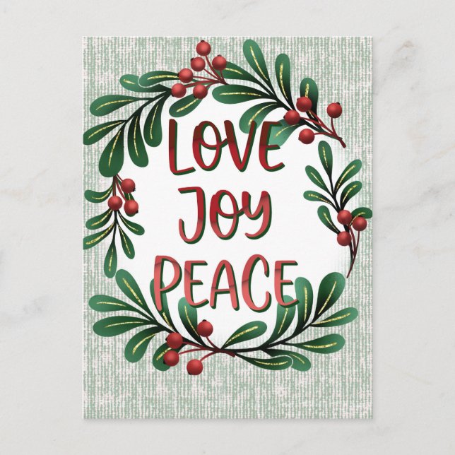 Christmas Wreath Love, Joy Peace Holiday Postcard (Front)