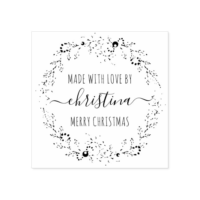 Christmas Wreath Made With Love Personalised Rubber Stamp (Imprint)