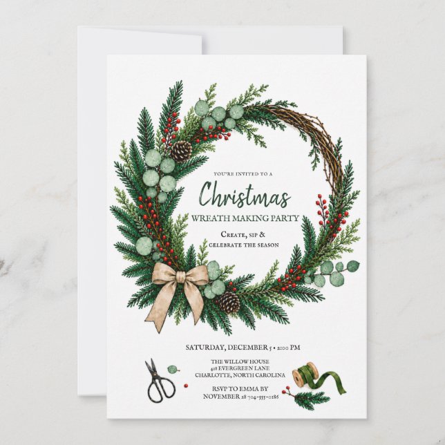 Christmas Wreath Making Party Evergreen Workshop Invitation (Front)