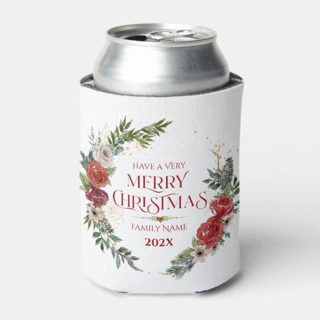 Christmas Wreath Merry Christmas Typography Can Cooler (Can Front)