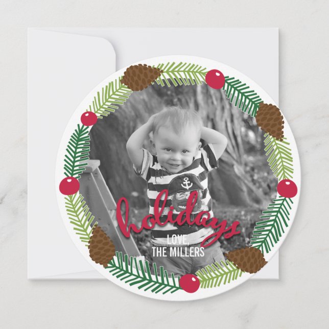 Christmas Wreath Modern Holiday Photo Card (Front)