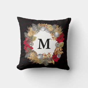 Christmas Wreath MONOGRAM Black Cushion