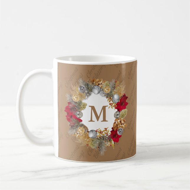 Christmas Wreath MONOGRAM Celebrate Jesus BEIGE Coffee Mug (Left)