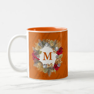 Christmas Wreath MONOGRAM Celebrate Jesus ORANGE Two-Tone Coffee Mug