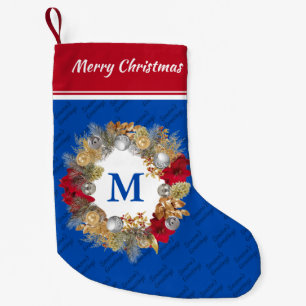 Christmas Wreath MONOGRAM Cobalt Blue Small Christmas Stocking