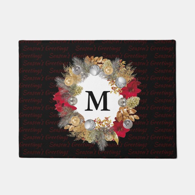Christmas Wreath MONOGRAM Decorative BLACK Doormat (Front)