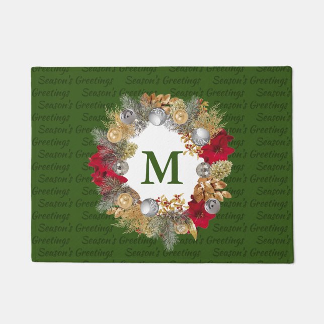 Christmas Wreath MONOGRAM Decorative GREEN Doormat (Front)