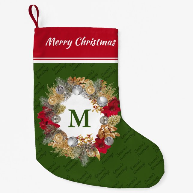 Christmas Wreath MONOGRAM Green Small Christmas Stocking (Front)