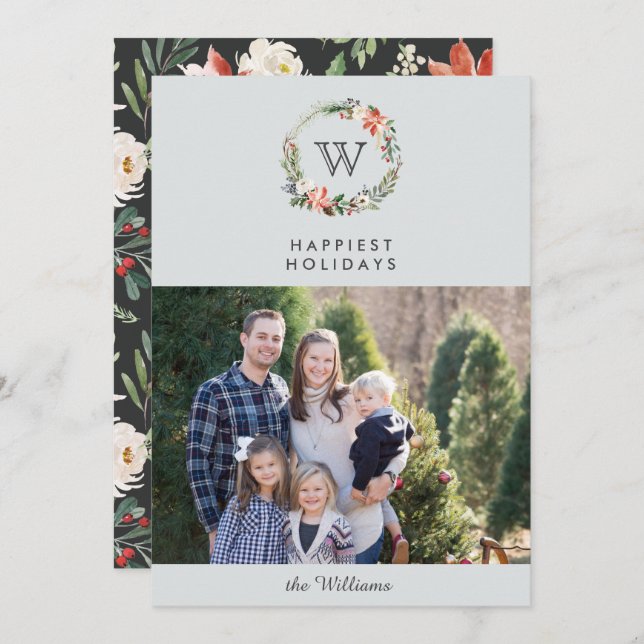 Christmas Wreath Monogram Holidays landscape photo Invitation (Front/Back)