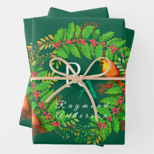 Christmas Wreath Monogram Hunter Green Wrapping Paper Sheet
