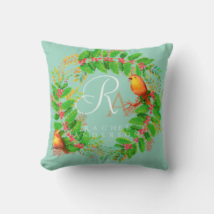 Christmas Wreath Monogram Light Teal Cushion
