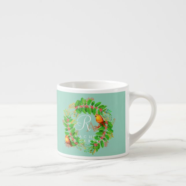Christmas Wreath Monogram Light Teal Espresso Cup (Right)