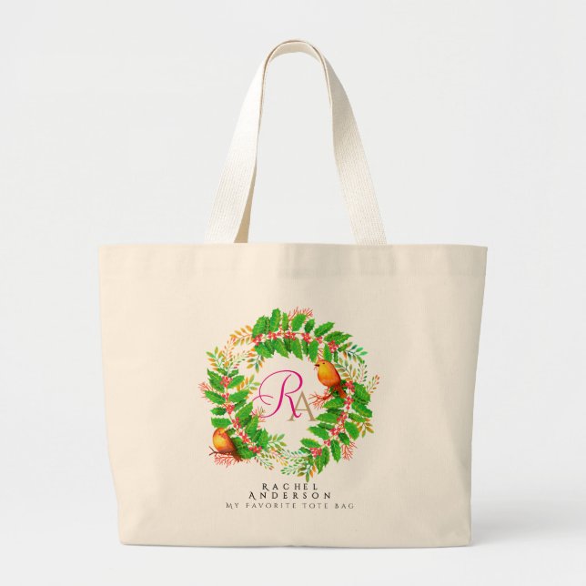 Christmas Wreath Monogram Light Teal Large Tote Bag (Front)