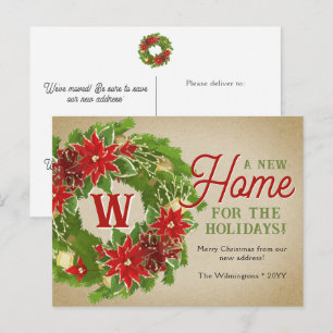 Christmas Wreath Monogram Moving Announcement Postcard