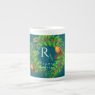 Christmas Wreath Monogram Ocean Blue Bone China Mug