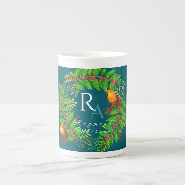 Christmas Wreath Monogram Ocean Blue Bone China Mug (Front)