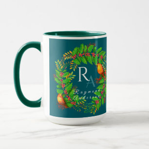 Christmas Wreath Monogram Ocean Blue Mug