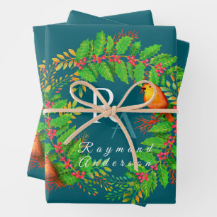 Christmas Wreath Monogram Ocean Blue Wrapping Paper Sheet