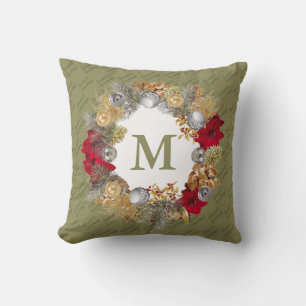 Christmas Wreath MONOGRAM Olive Green Cushion