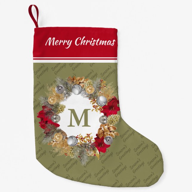 Christmas Wreath MONOGRAM Olive Green Small Christmas Stocking (Front)