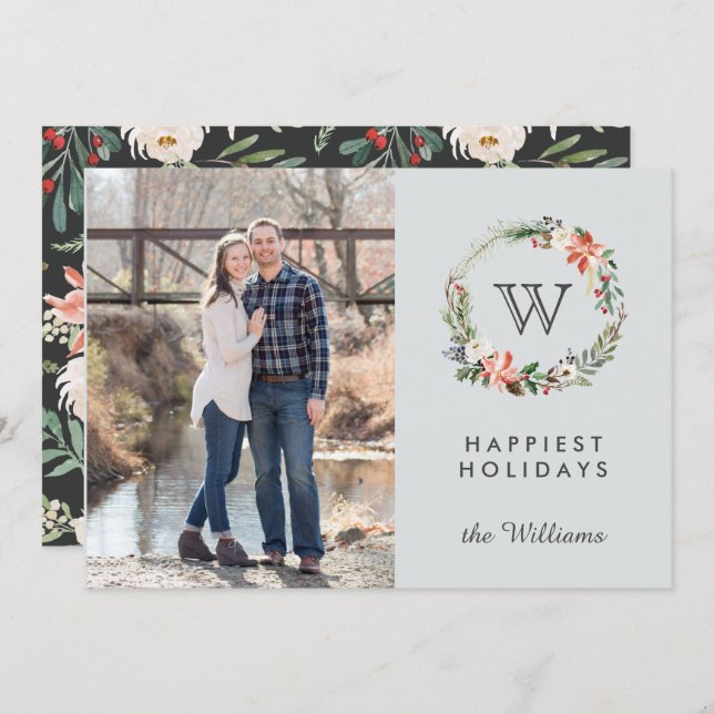 Christmas Wreath Monogram Photo Holidays Invitation (Front/Back)