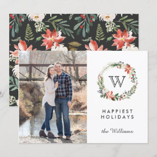 Christmas Wreath Monogram Photo Holidays   White Invitation