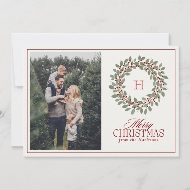 Christmas Wreath Monogram Photo Merry Christmas  Holiday Card (Front)