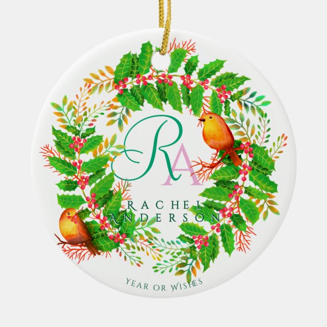 Christmas Wreath Monogram Photo White Ceramic Tree Decoration (Front)