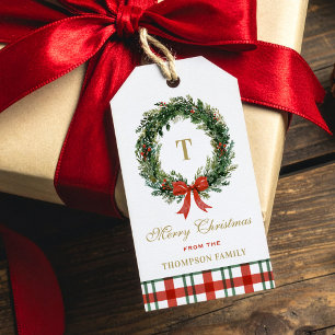 Christmas Wreath Monogram Plaid Family Name Gift Tags