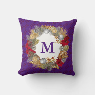 Christmas Wreath MONOGRAM Purple Cushion