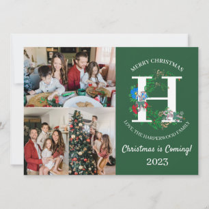 Christmas Wreath Monogram Script Family Photo Holiday Card