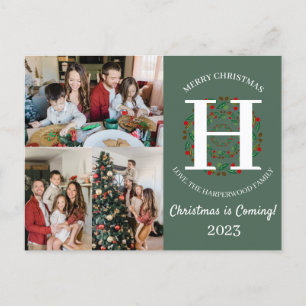  Christmas Wreath Monogram Script Family Photo  Holiday Postcard