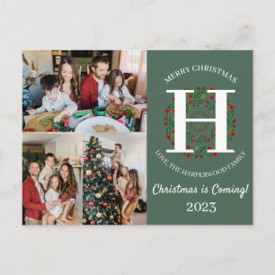 Christmas Wreath Monogram Script Family Photo Holiday Postcard