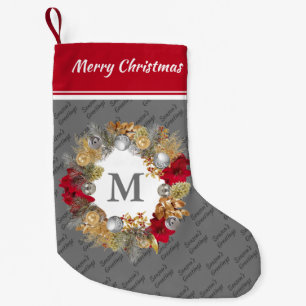 Christmas Wreath MONOGRAM Silver Grey Small Christmas Stocking