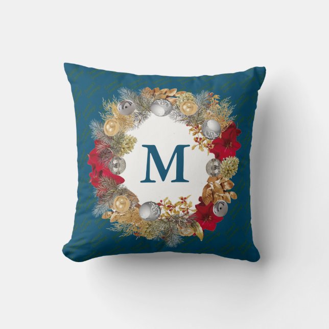 Christmas Wreath MONOGRAM Teal Blue Cushion (Front)