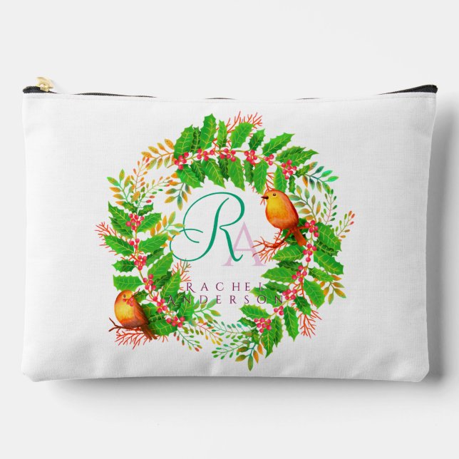 Christmas Wreath Monogram White Accessory Pouch (Front)