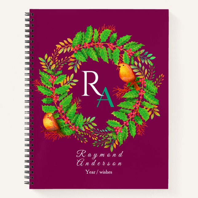 Christmas Wreath Monogram Wine Notebook (Front)