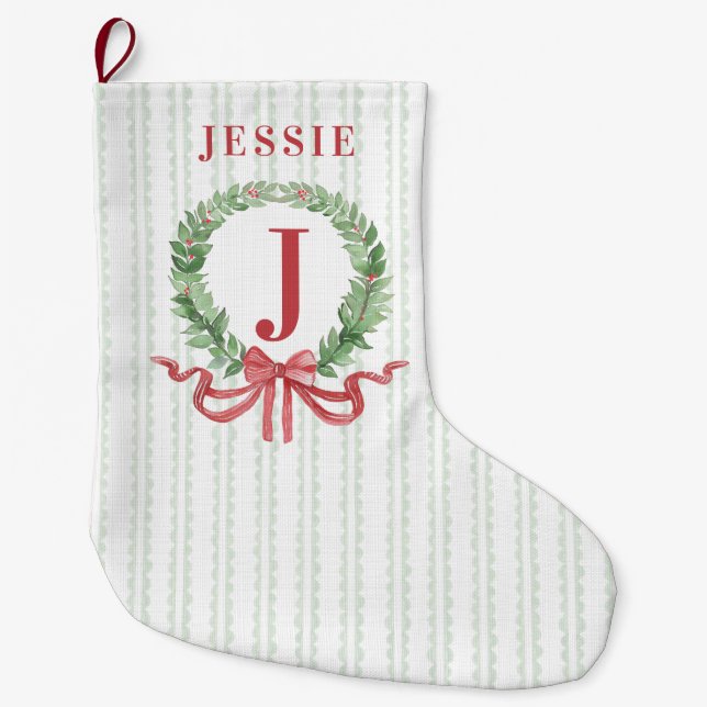 Christmas Wreath Monogram With Name Large Christmas Stocking (Front)