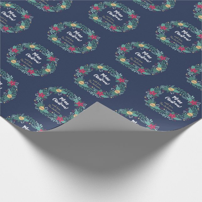 Christmas Wreath Navy Personalised Wrapping Paper (Corner)
