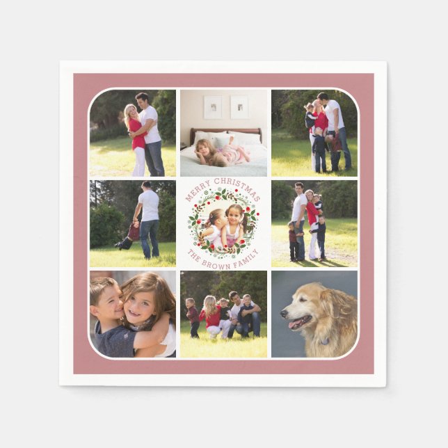 Christmas wreath, nine photos dusty rose pink napkin (Front)