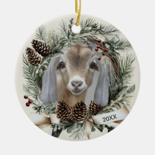 Christmas Wreath Nubian Goat  Ceramic Tree Decoration