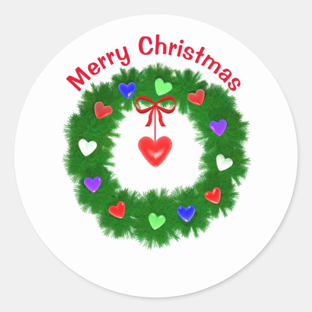 Christmas Wreath of Hearts Classic Round Sticker (Front)