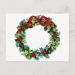 Christmas Wreath of Holly and MIstletoe Holiday Postcard