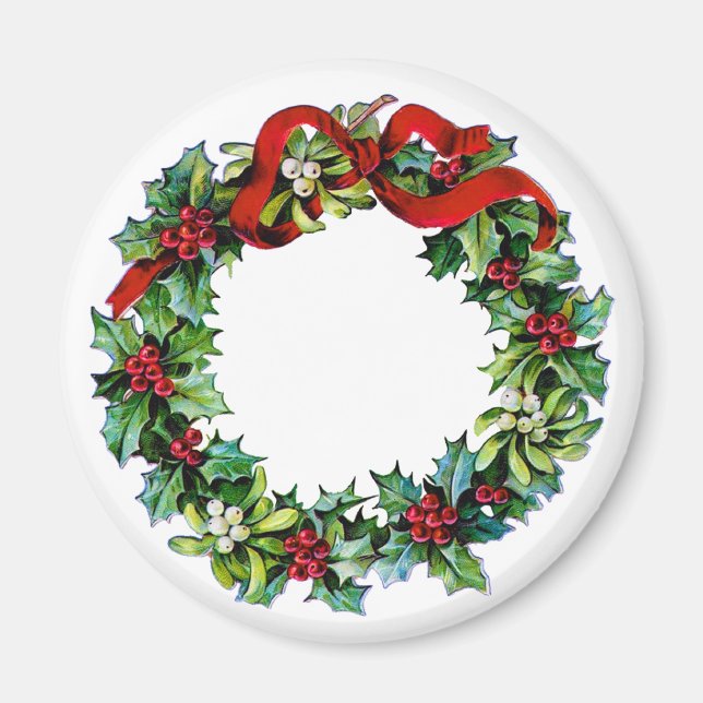 Christmas Wreath of Holly and MIstletoe Magnet (Front)