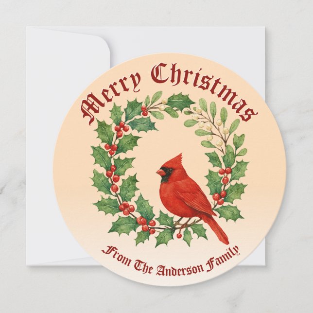 Christmas Wreath of Holly, Mistletoe & Cardinal Holiday Card (Front)