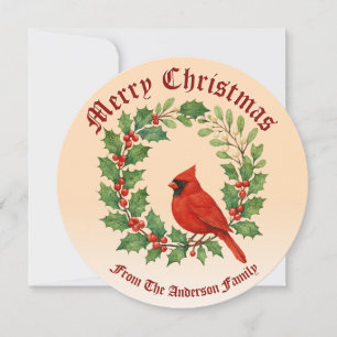 Christmas Wreath of Holly, Mistletoe & Cardinal Holiday Card